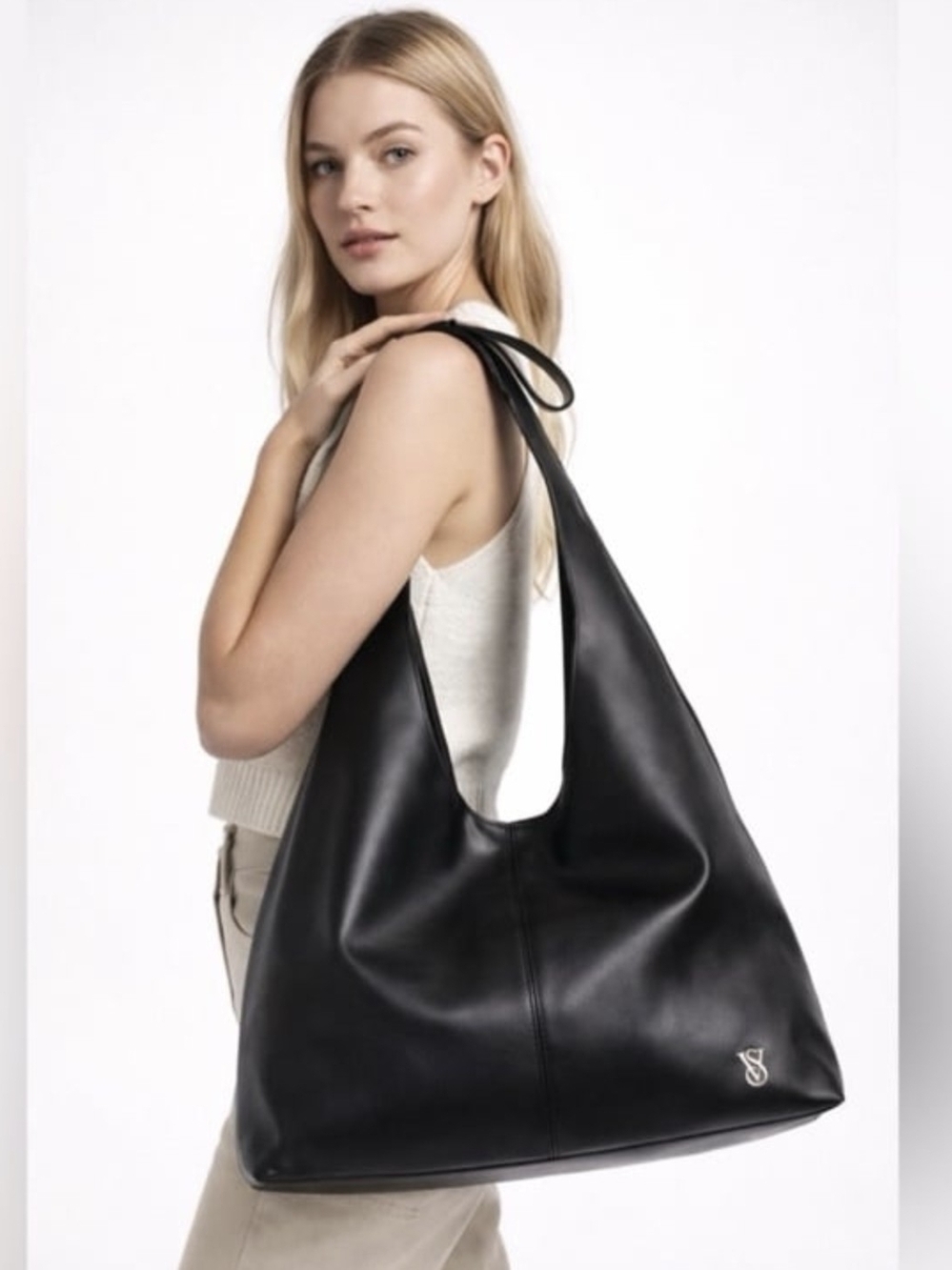 Victoria's Secret Black Leather Shoulder Hobo Bag with Subtle Logo